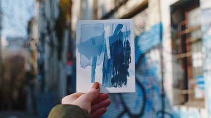 greeting card held up against a cityscape background, with edgy, sharp brushstrokes in a contrast...