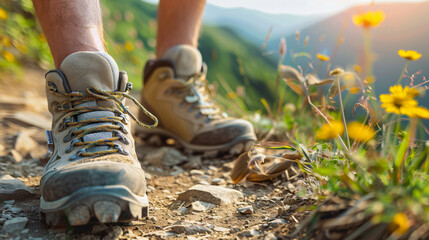 close up hiking boots in the mountains, shoes, boots, shoe, foot, boot, army, footwear, leather, leg, hiking, feet, outdoors, legs, nature, dirty, fashion, sport, walking, military, walk