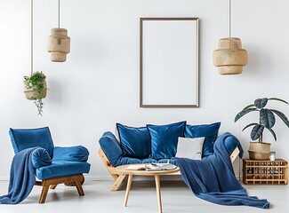 Sofa with blue blanket and armchair against white wall in living room interior