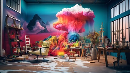 a house being transformed into a living canvas by AI artists, where each wall tells a different, vibrant story