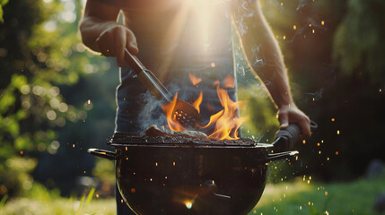 close up man grilling a barbeque, grill, barbecue, food, meat, cooking, bbq, fire, grilling, grilled, chicken, meal, dinner, beef, cook, barbeque, hot, summer, party, steak, picnic, smoke, pork, flame - obrazy, fototapety, plakaty