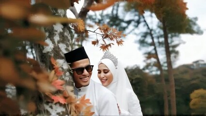 Elegant Muslim Couple in Traditional Wedding Attire with Autumn Leaves
