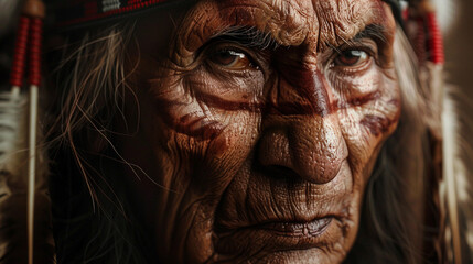 The wrinkled face of an old Indian.
