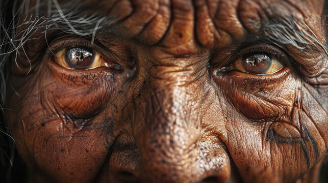 The wrinkled face of an old Indian.