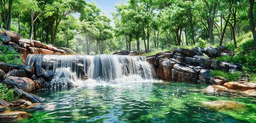 Tropical Waterfall in Lush Thai Jungle, Clear Waters and Green Foliage, Paradise Escape for Vacation