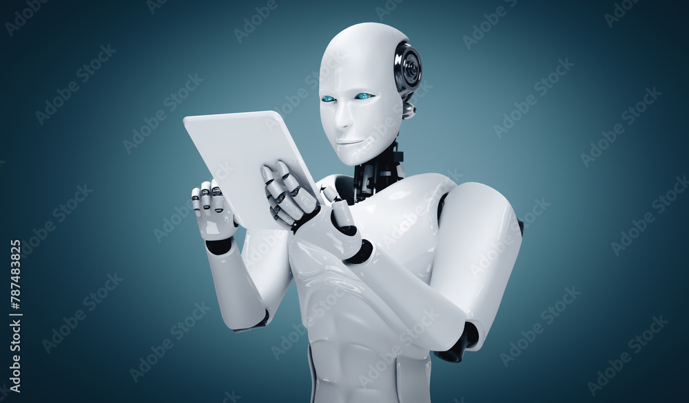 Poster xai 3d illustration robot humanoid using tablet computer in future office while using ai thinking br