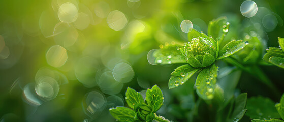 Water droplets on bright green leaves