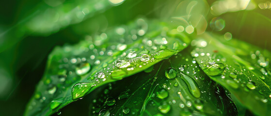 Raindrops on rich greenery with sunlight
