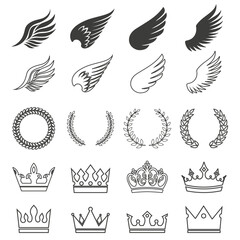 Illustration of wings and crown icons set on white background.