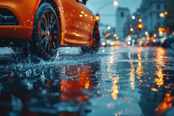 Dynamic image of an orange sports car splashing water on a wet urban road at dusk