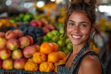 Image showcases a smiling woman surrounded by a bounty of colorful market fruits