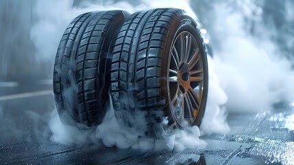 High-Performance Tires in a Smoke Display. Concept Automotive Industry, Tire Technology, Smoke Effects, Performance Testing, Visual Impact - obrazy, fototapety, plakaty