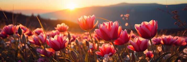Captivating colored tulips bathed in the warm glow of a beautiful sunset - panoramic banner image