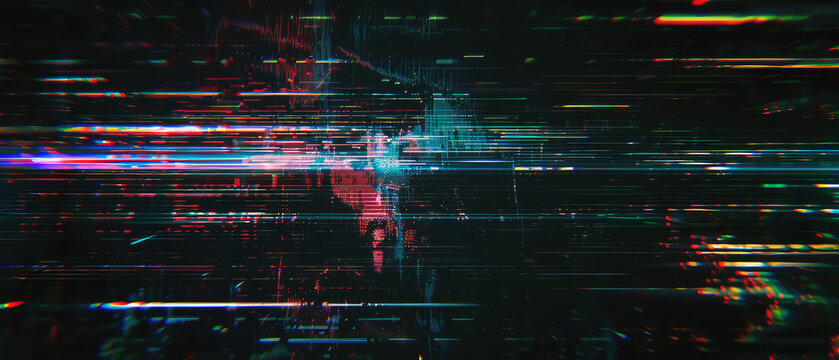 Intense cyber data stream in motion with glitches, glitch art with lens noise and dust 