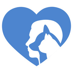 Illustration of a silhouette of a man's head with pets in a heart on a white background