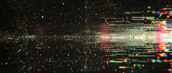 Intense cyber data stream in motion with glitches, glitch art with lens noise and dust 