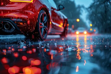 A dynamic image of a red sports car driving on a wet road with traffic lights reflecting on the...