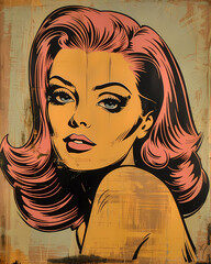 Vibrant Retro Pop Art Painting Poster with Light Pink Haired Woman from 1950s Comics