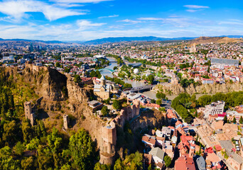 Narikala fortress aerial panoramic view, Tbilisi - obrazy, fototapety, plakaty