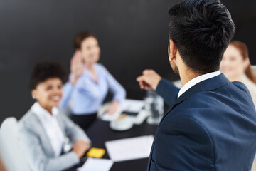 Business people, presentation and speaker in meeting with question, discussion and corporate...