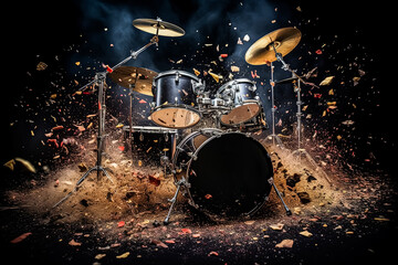 A drum set is shown with a lot of debris and dust, giving the impression of a powerful and...