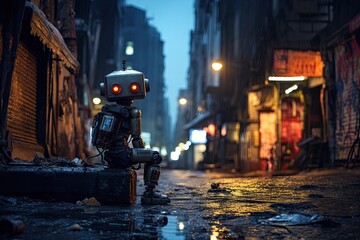 A solitary robot explores the abandoned cityscape illuminated in neon colors for a cool.
