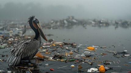 A lone pelican, its solemn silhouette set against a desolate landscape of plastic waste stretching...