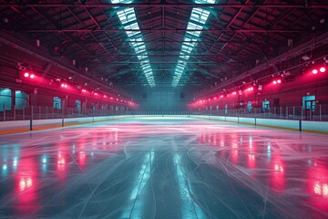 An empty hockey rink with a cool atmosphere, enhanced by red and blue lights casting reflections on ice