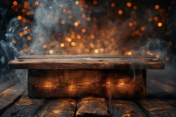A cozy, steaming wooden bench against an inviting backdrop of golden amber lights and festive...