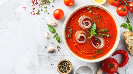 Tomato soup with squid displayed on a white background