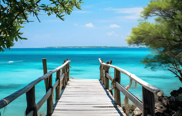 Obraz premium wooden bridge with beautiful turquoise ocean and island for trav