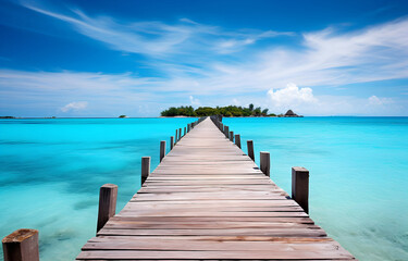 wooden bridge with beautiful turquoise ocean and island for trav