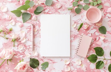 Notebook and Cup of Coffee on Pink Marble Surface