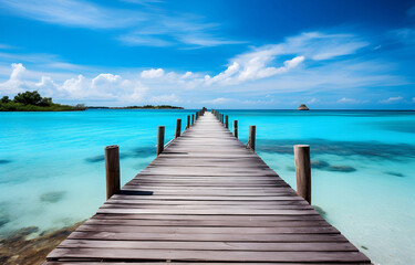 wooden bridge with beautiful turquoise ocean and island for trav