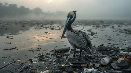 A lone pelican, its solemn silhouette set against a desolate landscape of plastic waste stretching to the horizon, under brooding skies that mirror the somber mood of its surroundings
