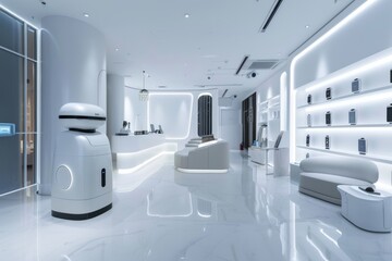 Futuristic retail store interior with advanced service robots and sleek design