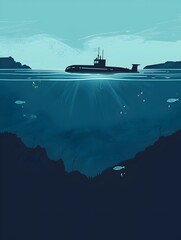 Submarine Navigating the Minimalist Depths of the Ocean - obrazy, fototapety, plakaty