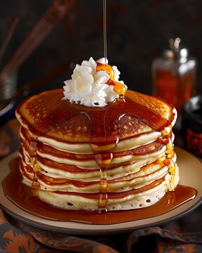 A stack of fluffy pancakes, adorned with maple syrup and whipped cream, is the centerpiece in this culinary masterpiece The golden liquid flows down like an artistic waterfall onto its soft surface, c