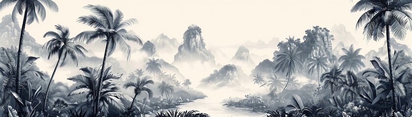 Tropical Exotic Landscape Wallpaper Hand Drawn Design Luxury Wall Mural