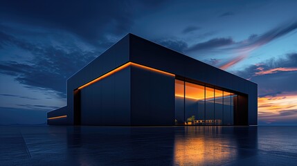 3d render of modern data center office building with glass facade and glowing lights