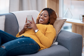 Relax, phone and happy black woman on sofa with internet, search or online dating chat at home. Smartphone, smile or social media in living room for streaming app for sign up, service or subscription - obrazy, fototapety, plakaty