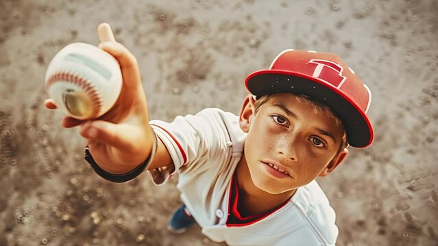 Looking down a boy baseball player wearing a baseball cap and uniform holding a baseball up. Camera pushing towards the boys face in slow motion.