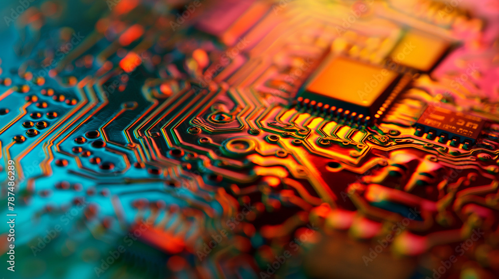Poster an image showing a photonics circuit board made with semiconductor materials, illuminated by natural