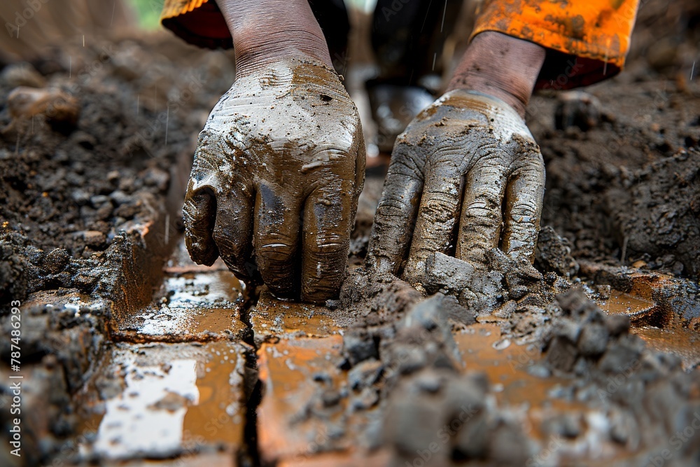 Poster gloved hands of a worker smoothing mortar on bricks during construction, showing technical skill
