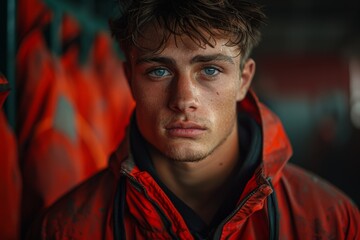 Fototapeta premium A blue-eyed young fisherman wearing an orange jacket looks thoughtfully off into the distance