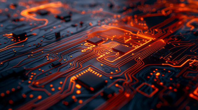 An image showing a photonics circuit board made with semiconductor materials, illuminated by natural light to highlight its complex patterns. , natural light, soft shadows, with co