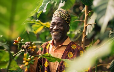 black man smiling, collecting cocoa beans fresh in the forest, elephants in the background, label,...