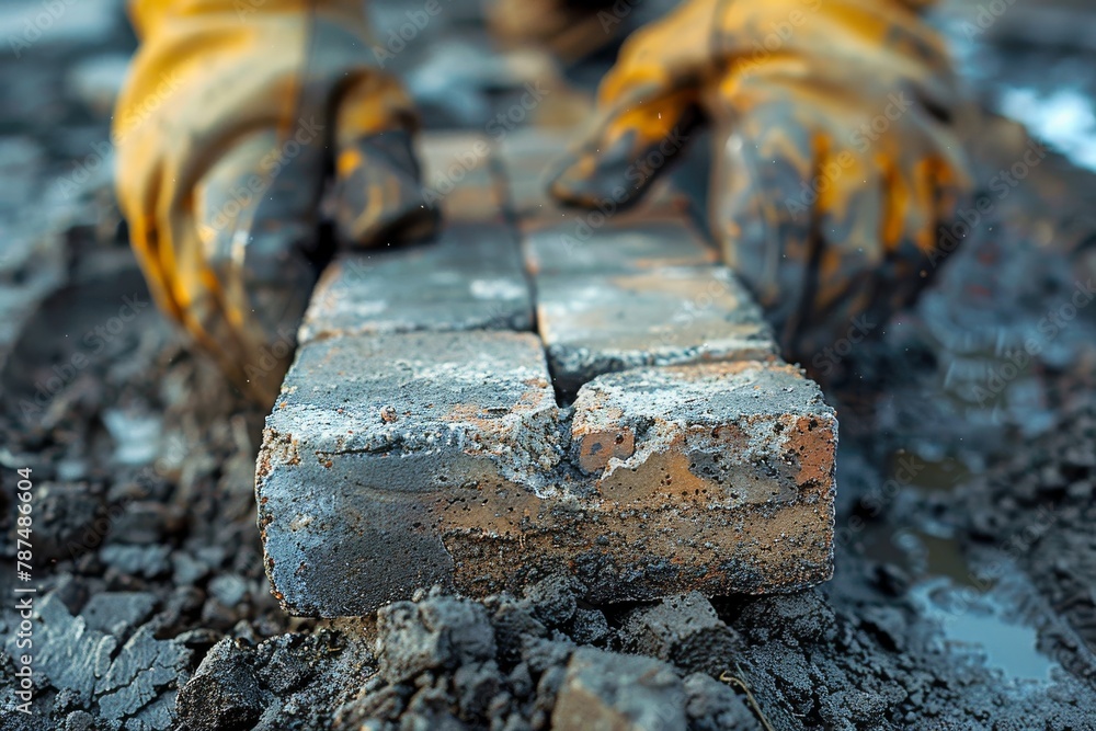 Poster close-up shot of hands in yellow gloves precisely arranging wet and muddy building blocks