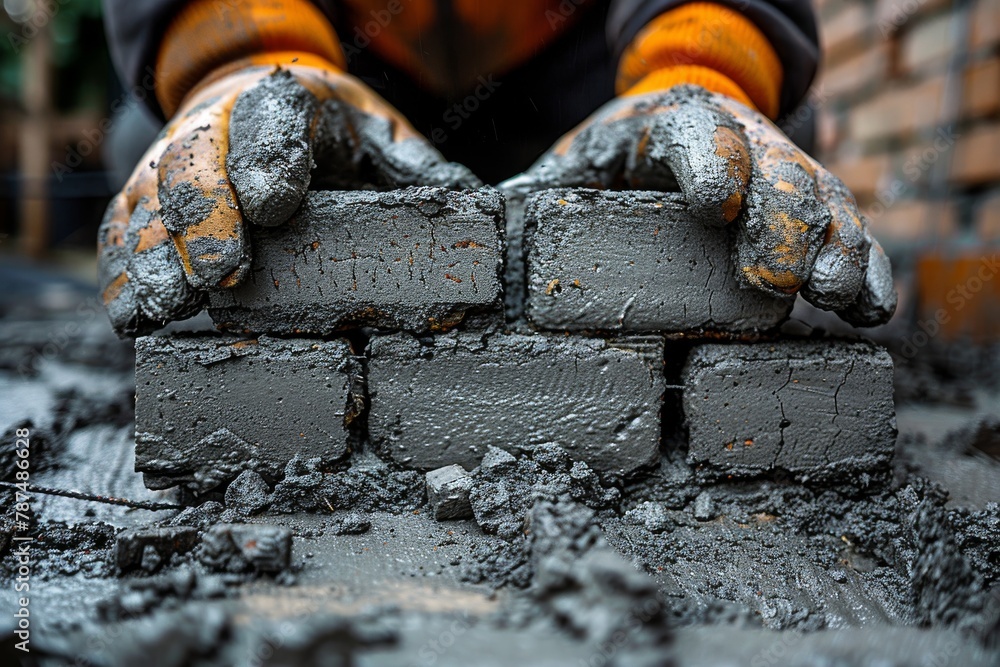 Poster an image capturing hands setting bricks in cement, showcasing the intricacies of construction work