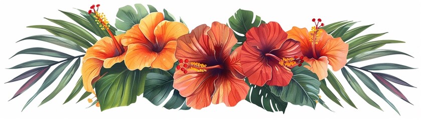 Obraz premium hawaiian tropical flower bouquet with leaves and hibiscus image